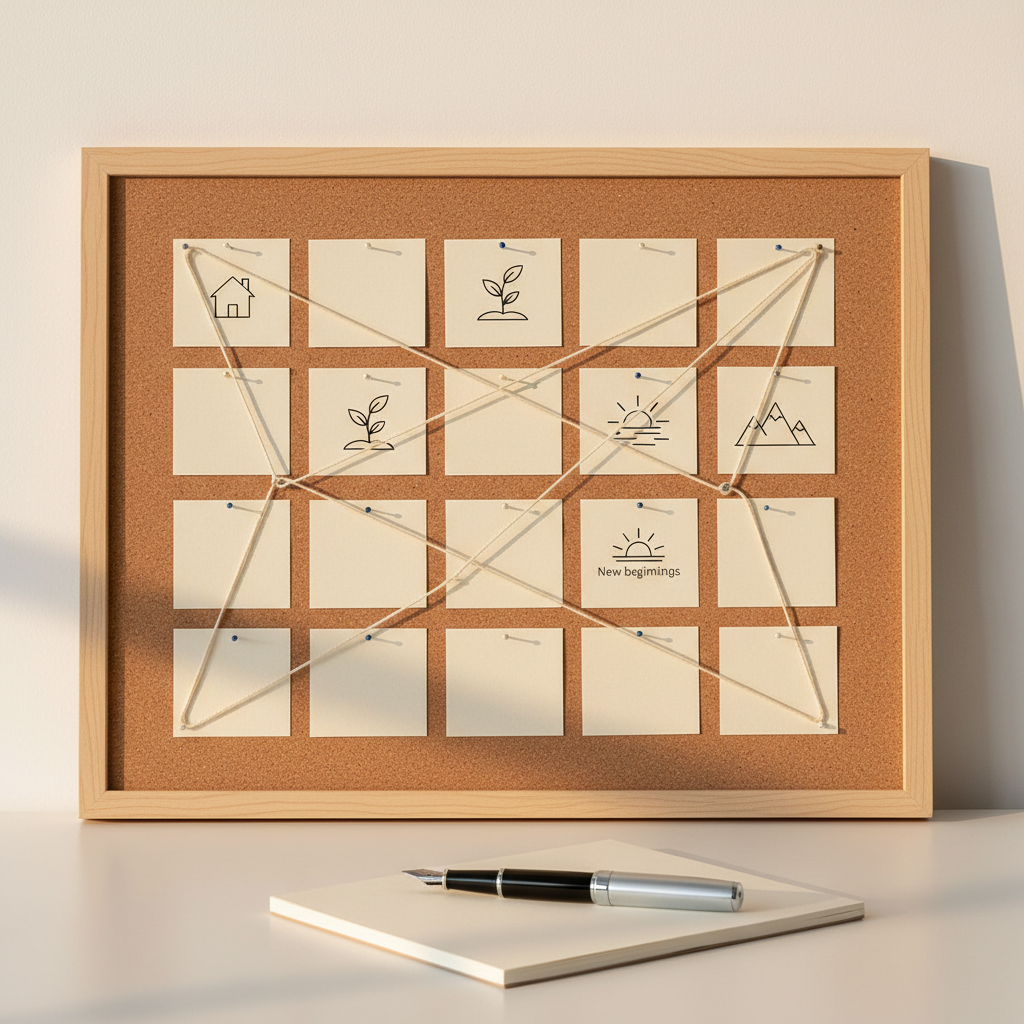 A close-up of an elegant vision board on a matte cork panel framed in light maple wood, covered with neatly pinned neutral-toned cards featuring simple icons of goals: a small house silhouette, a sprouting plant, a rising sun, and a mountain peak. Between them, slender cotton strings connect the images like a subtle roadmap. The board hangs above a tidy white desk with a single fountain pen resting on a blank notepad. Soft golden hour light from the side casts warm, directional shadows, adding depth and clarity. Photographic realism with a clean, modern, professional mood, shot straight-on with sharp focus throughout, creating a sense of clarity, life planning, and purposeful, structured growth.