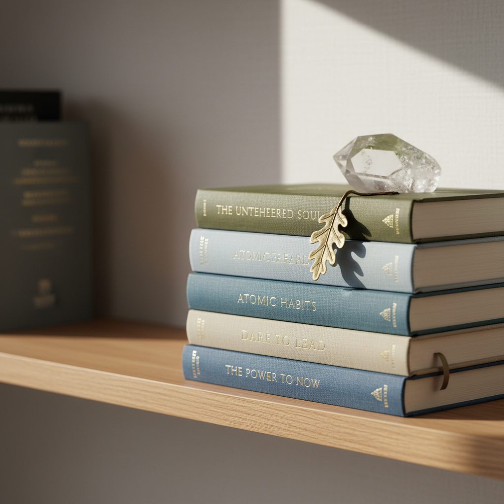 A neatly stacked set of hardcover books on personal development with cloth covers in muted blues, greens, and warm neutrals, their spines aligned and titles subtly visible, topped with a single smooth crystal and a brass bookmark shaped like a leaf. The stack rests on a light oak shelf against a softly textured off-white wall. Diffused afternoon light from an unseen window bathes the scene, creating soft highlights on the crystal and gentle shadows beneath the books. Photographic realism with a minimalist, professional aesthetic, captured from a slightly elevated angle using the rule of thirds. The background is softly blurred, with only the suggestion of additional shelves, evoking a mood of quiet learning, inner healing, and steady, intentional growth.