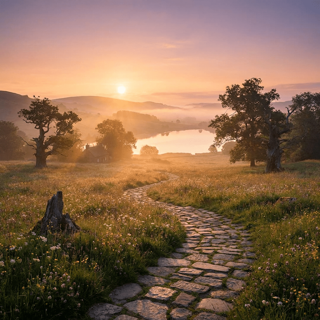 Winding stone path through a wildflower meadow toward a misty lake at sunrise.